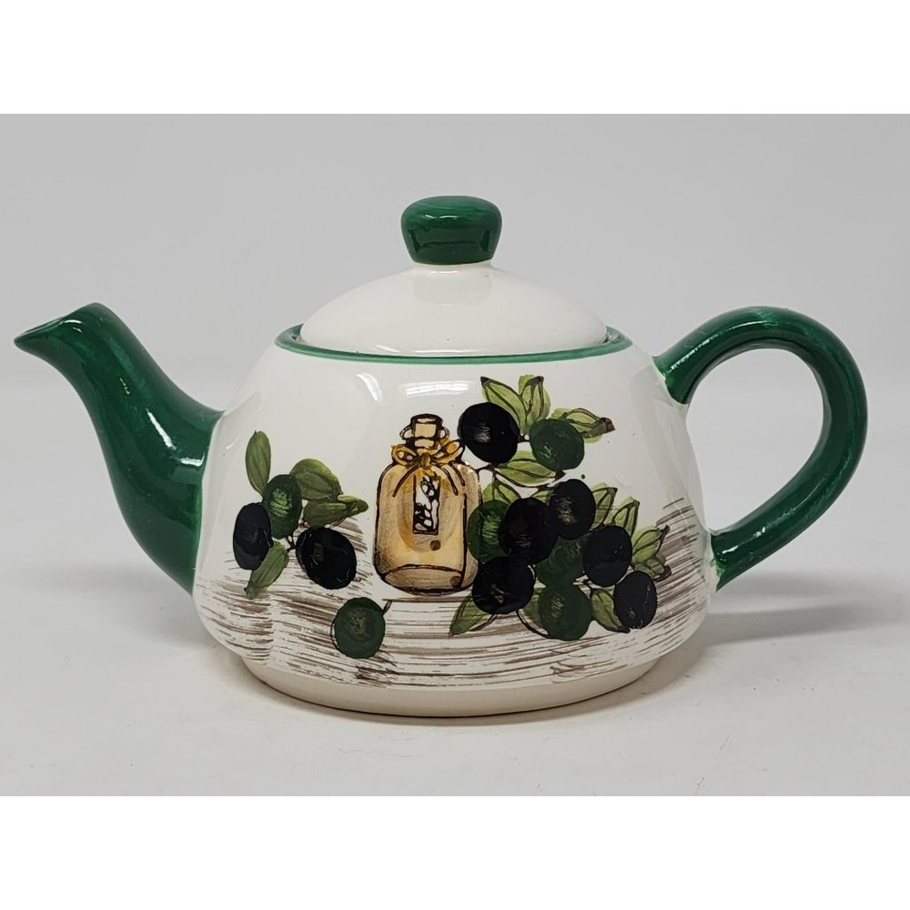 Vintage Single Serve Teapot Black‎ Olives Leaves GreenBlackBrownWhite Unmarked